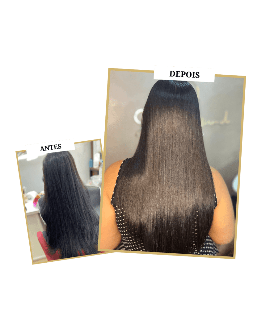 Antes e Depois da Escova Progressiva, Selagem e Alisamento no Studio Jessica Miranda, Cabo Frio – transformação de fios com frizz para lisos e sedosos.