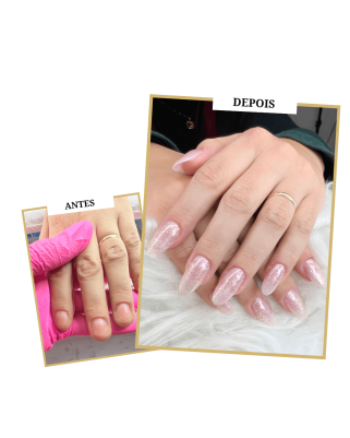 Antes e depois do alongamento de unhas no Studio Jessica Miranda, Cabo Frio – unhas transformadas para um visual impecável!